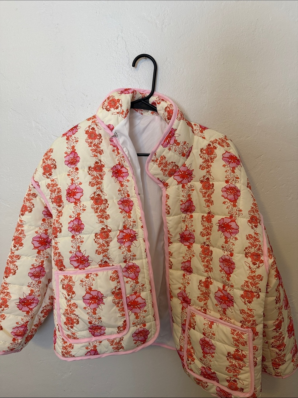 Amazon Quilted Floral Puffer Jacket in Cream and Pink